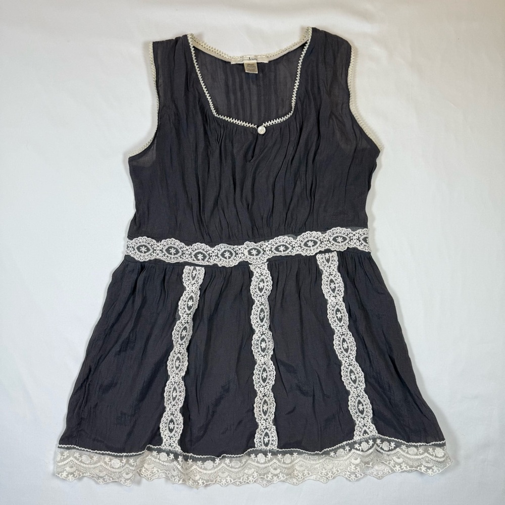 Trinity Semi-Sheer Lace Top, Gray Sleeveless Shirt With Side Zipper, Size L